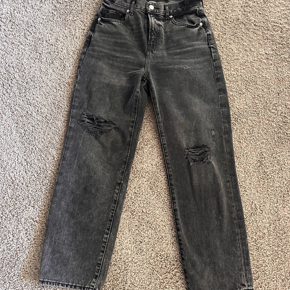 Express Straight Ankle High Rise Black Distressed Denim Jeans - Size 2 Regular